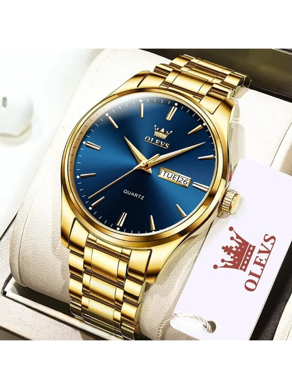 Men's Gold Blue Analog Quartz Stainless Steel Classic Luxury Date Wrist Watch